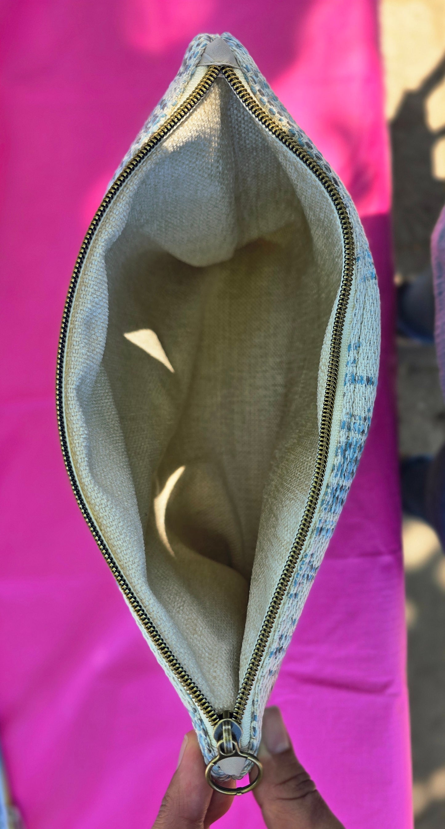 Large Everyday Flat Zipper Pouch - Blue/Beige