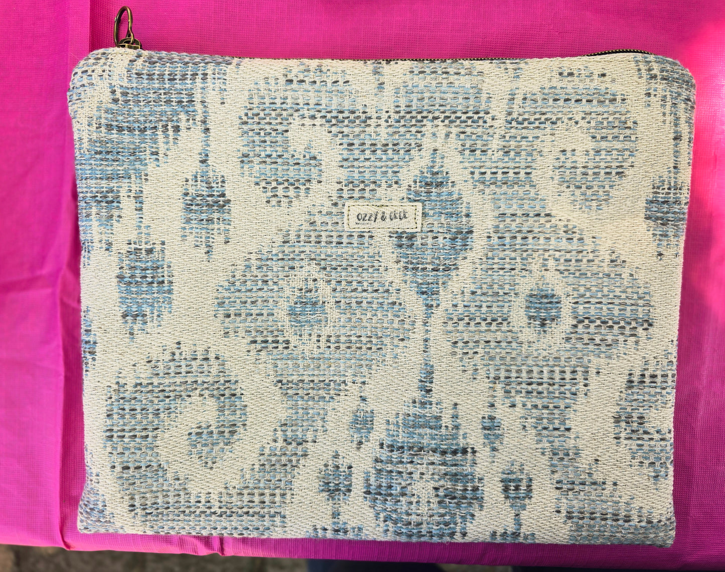 Large Everyday Flat Zipper Pouch - Blue/Beige